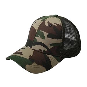 Jungle camouflage mesh trucker hat with breathable nylon back in forest green