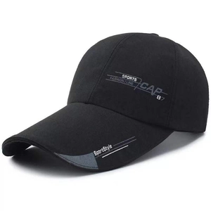 Detailed side view of black cotton baseball cap with white Sports Fashion 87 printed text