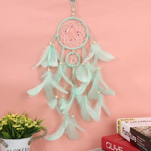 Detailed mint green dream catcher featuring soft feathers and beads against a pink wall