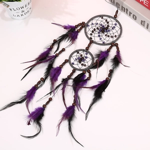 Handmade double-ring dreamcatcher with purple beads and black gradient feathers
