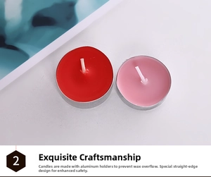 Detail of round tea light candles with aluminum cups in red and pink colors