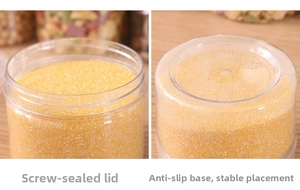 Detail view of screw seal opening and non-slip bottom of clear plastic storage jars
