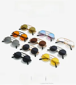 Collection of round steampunk sunglasses with metal frames and colorful lenses in nine styles