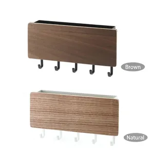 Wall-mounted wooden storage rack for entryway with five metal hooks in two finishes