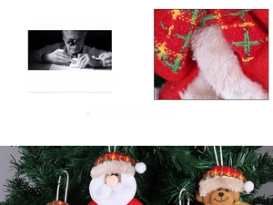 Detail of plush Santa and bear Christmas tree ornaments with festive knit textures
