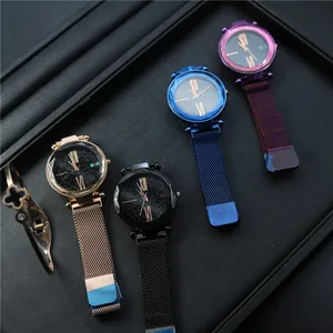Starry sky watches with magnetic mesh straps in rose gold, black, blue, and purple tones