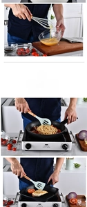 Detail of wooden handle silicone kitchen utensils used for whisking, stirring and frying