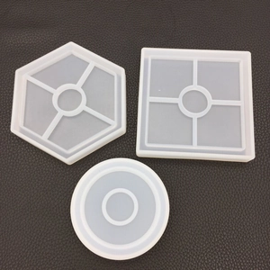 Detailed view of hexagonal square and round silicone coaster molds for resin DIY