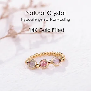 14K Gold gefüllter Perlenring mit natürlichen Erdbeerquarz-Kristallen und rosa Edelsteinen