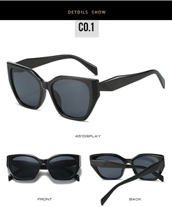 Vues détaillées des lunettes de soleil œil-de-chat noires avec verres UV gris