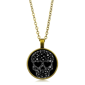 Vintage bronze necklace with skull pendant made of white stars and heart eyes