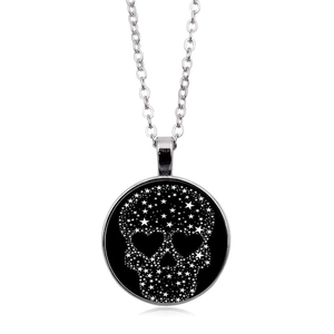Silver chain necklace with a black skull pendant featuring star patterns and heart eyes