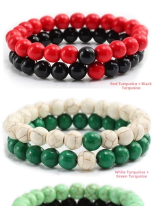 Detail of beaded bracelets featuring red, black, white, and green turquoise stones