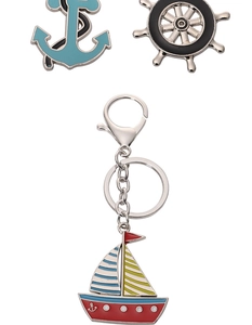 Detail of nautical alloy keychain with enamel sailboat, anchor and steering wheel charms