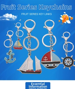 Macro detail of nautical metal keychains featuring anchor and ship wheel with oil drop finish