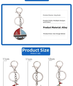 Size chart showing metal nautical keychains with anchor and sailboat charms in cm