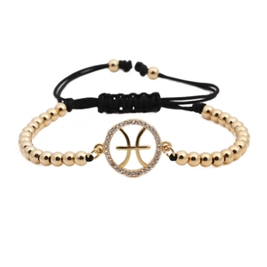 Adjustable Pisces zodiac bracelet with gold copper beads and cubic zirconia inlay