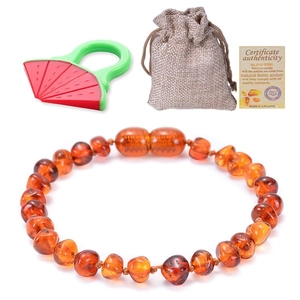 Baltic amber baby bracelet with watermelon teether, linen bag and certificate