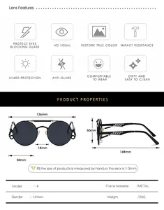Detailed sizing chart and specifications for vintage steampunk round metal sunglasses