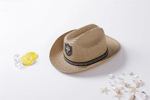 Close-up of straw cowboy hat with ethnic band and bull head badge among summer props