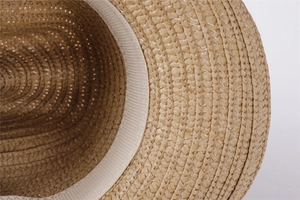 Detailed close-up of woven straw texture and inner beige sweatband of the hat