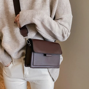 Retro dark brown minimalist small square crossbody bag with wide shoulder strap
