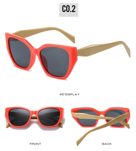 Vues détaillées de lunettes de soleil œil de chat orange avec verres gris de face et profil