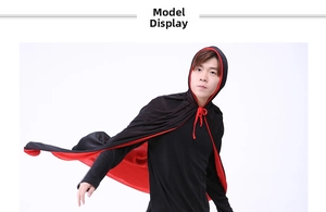 Detail view of a dual-layer black and red hooded cloak for vampire cosplay costumes