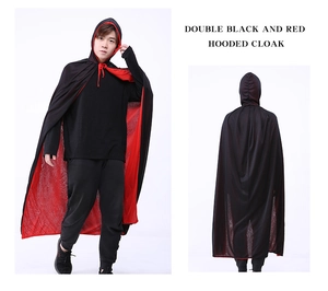 Front and back view of adult hooded cloak with double-sided black and red fabric