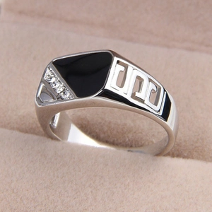 Classic silver men's ring with black square enamel and clear zircon stones in a box