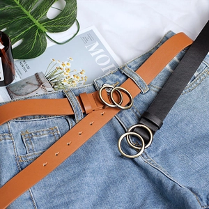 Women leather belts with retro double circle buckles on jeans, black and caramel brown