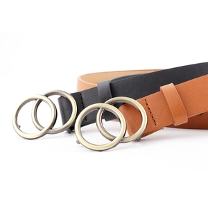 Retro double ring buckle leather belt for women in classic black and brown finish
