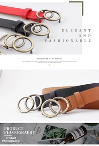 Detail view of stylish leather belts with antique bronze double ring buckles in four colors