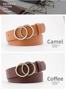 Detail showing vintage bronze double ring buckle on camel and brown leather belts
