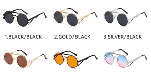 Steampunk round sunglasses shown in multiple metal frames and colorful lens options