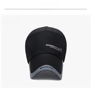 Detailed front view of black baseball cap featuring modern typography and grey brim piping
