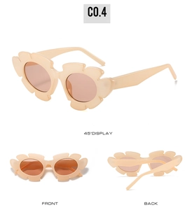 Three-view display showing front, back, and 45-degree angle of pink floral daisy sunglasses