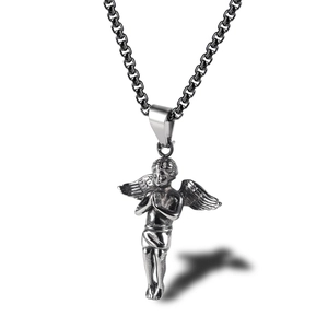 Silver guardian angel pendant necklace with vintage box chain in street hip hop style