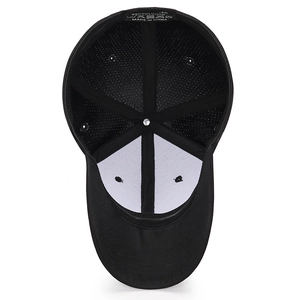Interior view of black elastic baseball cap with breathable mesh and 95% polyester label