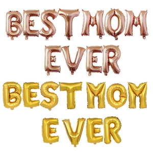 Detail view of 16-inch rose gold and gold foil balloons spelling Best Mom Ever