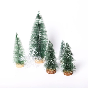 Set of 6 mini green frosted Christmas trees with wooden bases for tabletop decoration