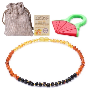 Baltic amber teething set with necklace, watermelon teether, pouch, and certificate