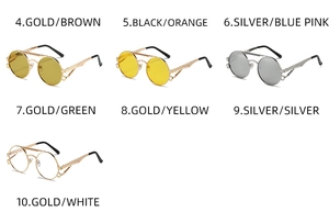 Multi-color display of steampunk round sunglasses with metallic frames and gear-cut temples