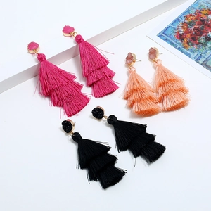 Three pairs of elegant layered cotton tassel earrings with gold crystal studs in pink and black
