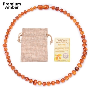 Natural Baltic amber necklace for babies with linen pouch and authenticity certificate