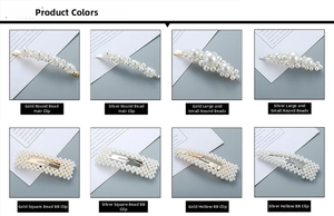 Detailed close-up of pearl hair clips in gold and silver finish with various bead patterns