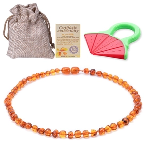Set collana in ambra baltica con massaggiagengive in silicone e custodia in lino