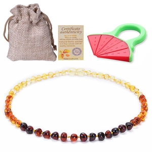 Set collana in ambra per neonati con certificato, sacchetto in lino e massaggiagengive