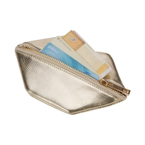 Golden lip-shaped PU leather coin purse with metallic texture and zipper for cards