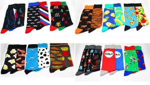 Flat lay detail of novelty socks with burger, pizza and funny patterns